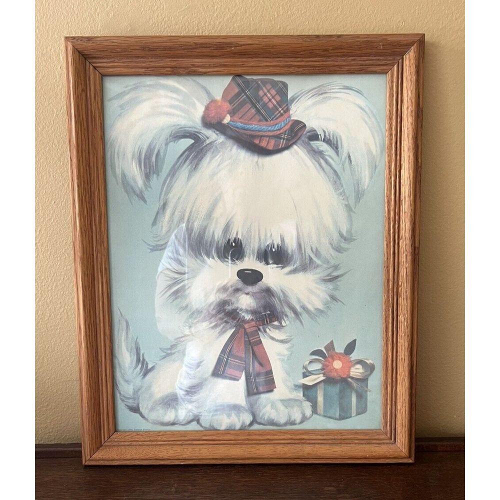 Vintage Colonial Studios 1970‎ Framed White Puppy Scotty Dog Plaid Hat Print